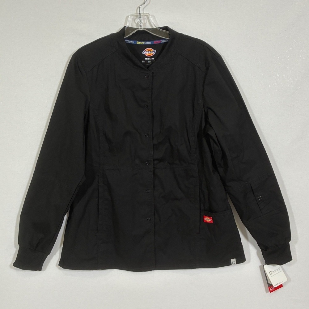 Dickies EDS Stretch Womens M Black Snap Front Scrub Jacket 85304A NWT